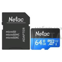 Карта памяти MicroSD 64GB  Netac  P500  Standard  U1/Class 10  (90 Mb/s) + SD адаптер